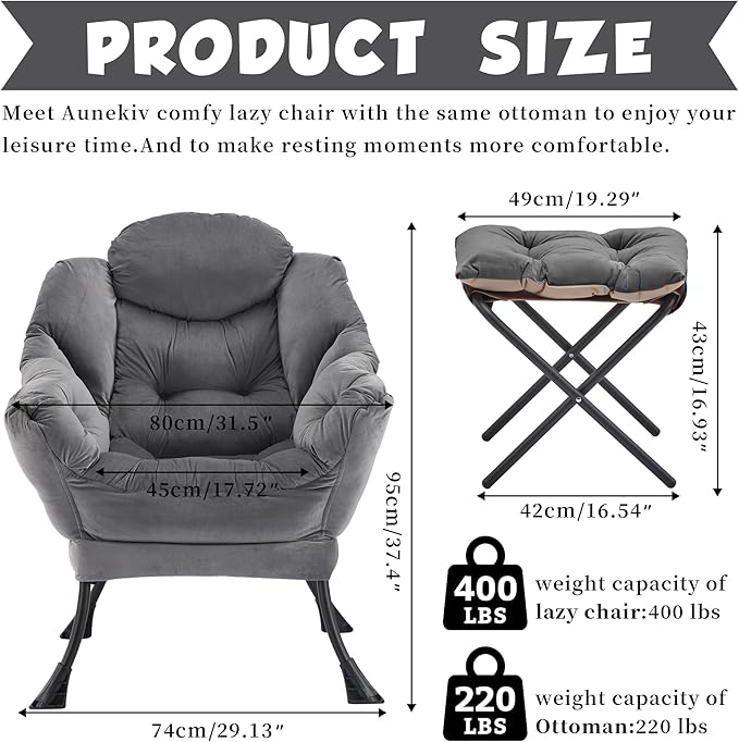 Lazy Chair with Ottoman, Comfy Reading Chair, Darkgrey | Cushioned Seat with - Image 3