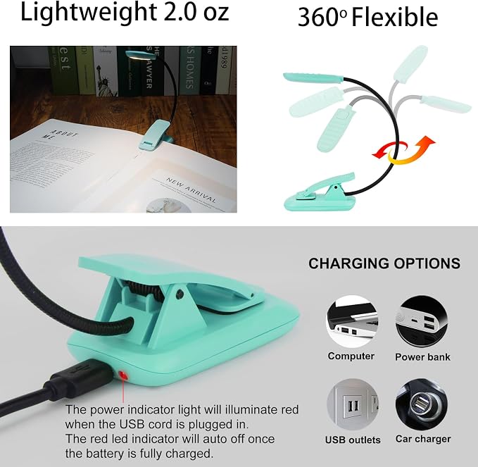 BIGMONAT Rechargeable Book Reading Light, Portable Bendable Neck, Brightness - Image 4