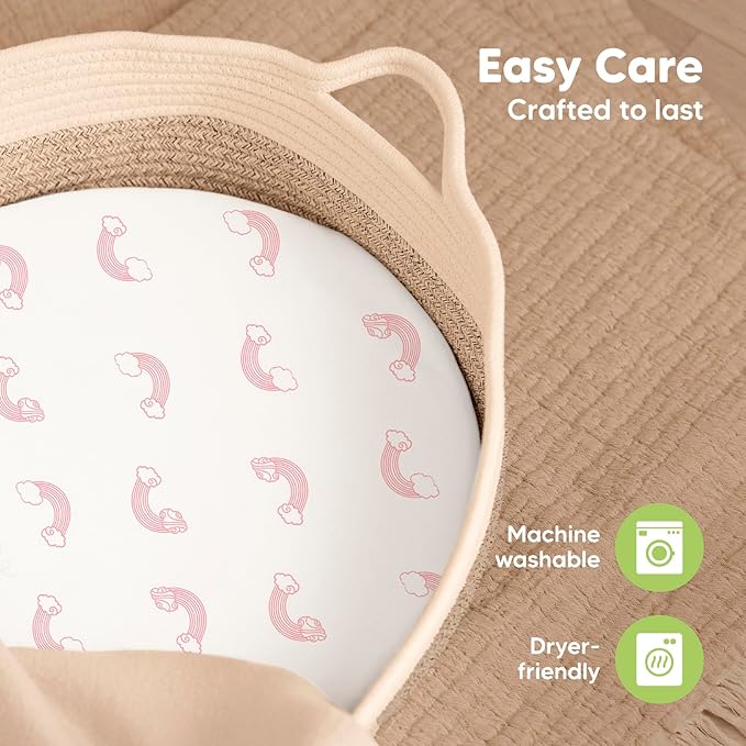 2-Pack Baby Bassinet Sheets Girl, Boy - 33x17 Viscose Derived from Bamboo Bedside Mattress Fitted Bassinet Sheets, Compatible with Halo Bassinest Swivel Sleeper, Baby Delight, Graco(Dreamland)