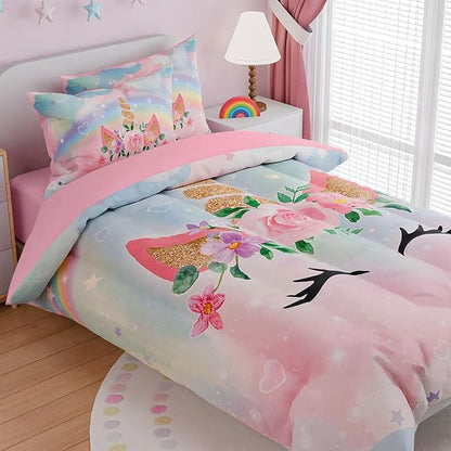 SANDJEST Unicorns Bedding Set for Girls Kids Teen Tween, Ultra Soft Microfiber Comforter Set Twin Size with 3-Pieces, Comforters Bed Sets Bedroom Decor