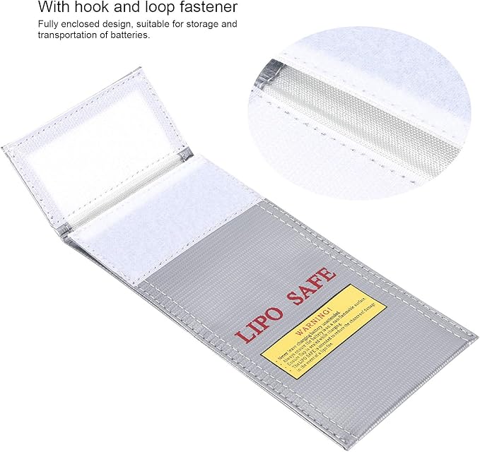 Fdit Lithium-Ion Battery Safe Bag, Fireproof Explosion-Proof Storage Bag 10x20cm with Hook and Loop Fastener for Battery Protection and Transport