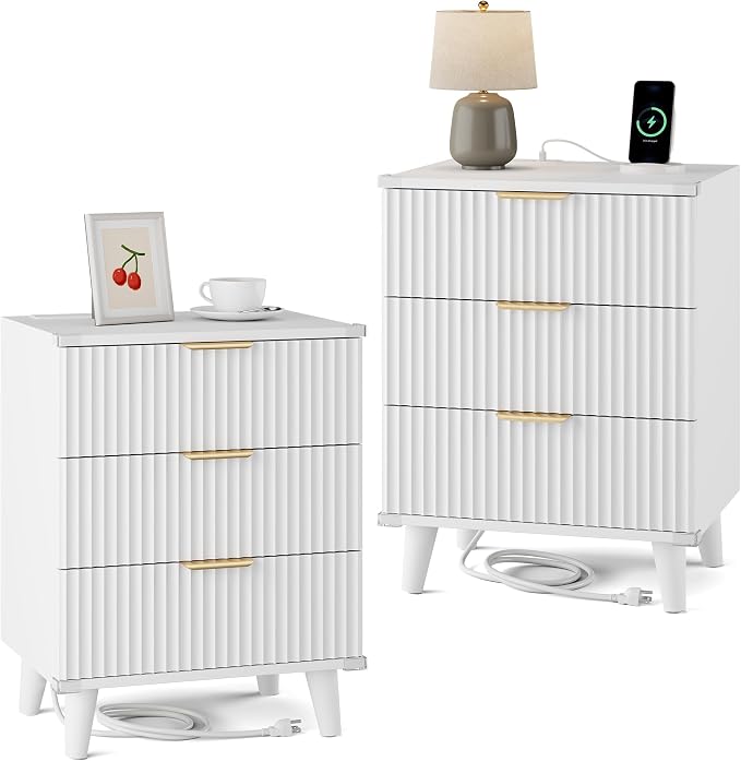 Wood Nightstands Set of 2 w/Charging Station, 3 Drawers Fluted Dresser | White by Lulive