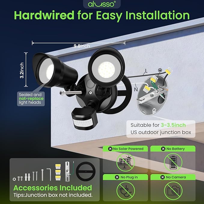 ALUSSO Motion Sensor Outdoor Lights, 30W 3500LM Flood Lights Outdoor, 3 Modes (Dusk to Dawn/Auto/On Time), 3CCT 3000K/4000K/6500K Waterproof Hardwired Security Light ETL Listed for Porch Garage, 1PC