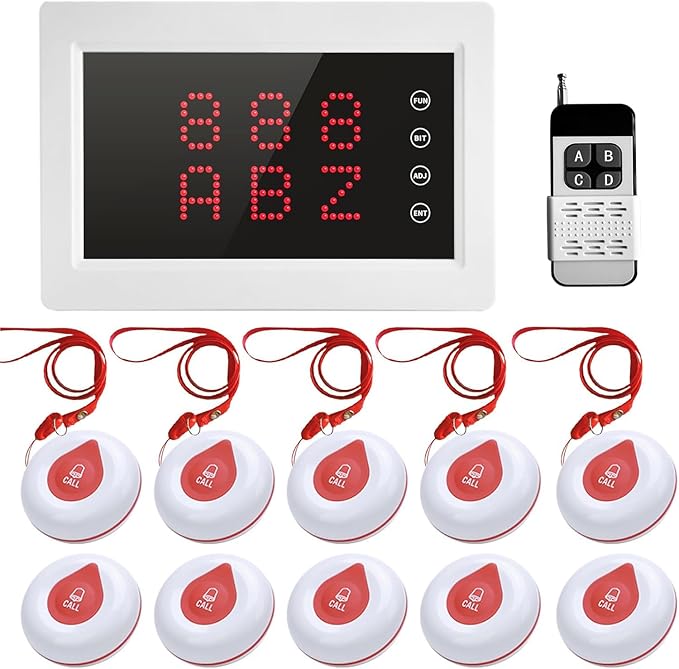 WNKRUN Wireless Calling System Caregiver Pager System 1200+ ft with 1 Display Receiver/Wireless Remote Control /10 Waterproof Call Buttons for Nursing Home Clinic Caregiver