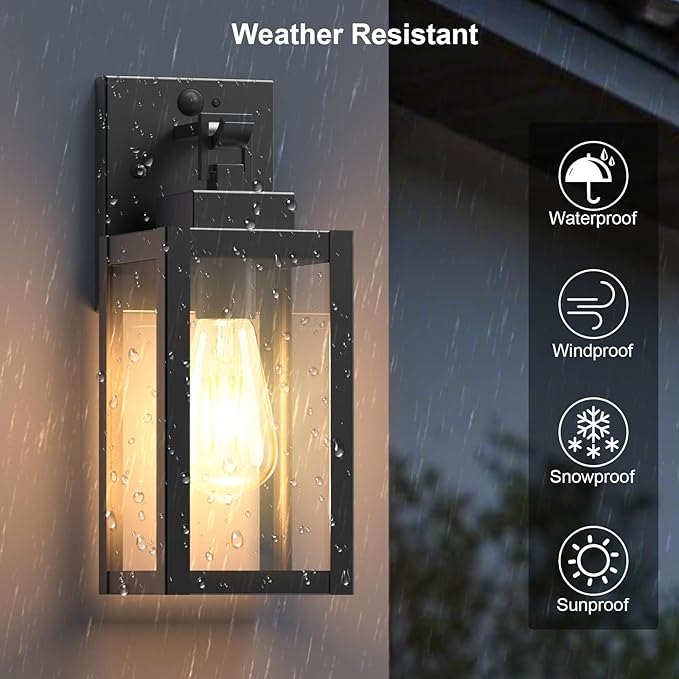 LTBLIGHT 2-Pack Motion Sensor Outdoor Wall Light Fixtures, Modern Black Dusk to Dawn Porch Light Lantern with 3 Modes, Waterproof Exterior Lighting for House, Patio, Garage, Front Door