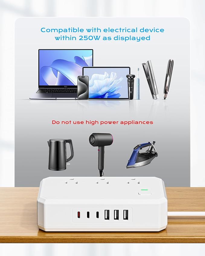 Puveini US to Europe Travel Adapter 220V to 110V Voltage Converter with 4.5A 6-Port USB Charging and UK/AU/US/EU Worldwide Plug Adapter