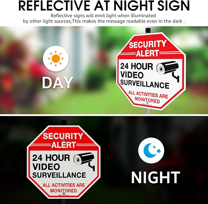 Faittoo Security Sign Video Surveillance Sign with 36" Stake for Outside, 12"x12" Rust Free Heavy Aluminum, Reflective, Fade Resistant, 2 pre-drilled holes, Includes Matching Screws & Wrench