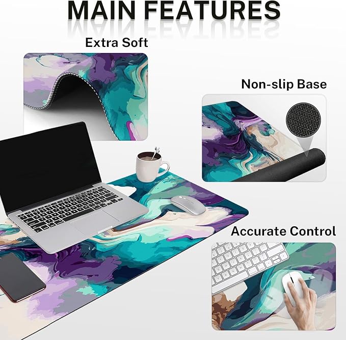 Britimes Teal and Purple Liquid Marbling Keyboard Mouse Pad Set 4in1 Large Mousepad+Keyboard Wrist Rest+Mouse Wrist Rest+Coaster Set with Ergonomic Design for Home Office Computer 35.4x15.7 inches