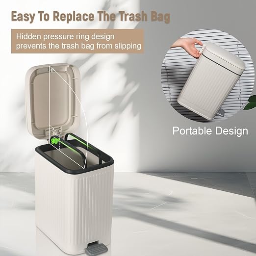 Small Bathroom Trash Can with Lid, 2.6 Gallon Slim Soft Close Step, Cream | - Image 5