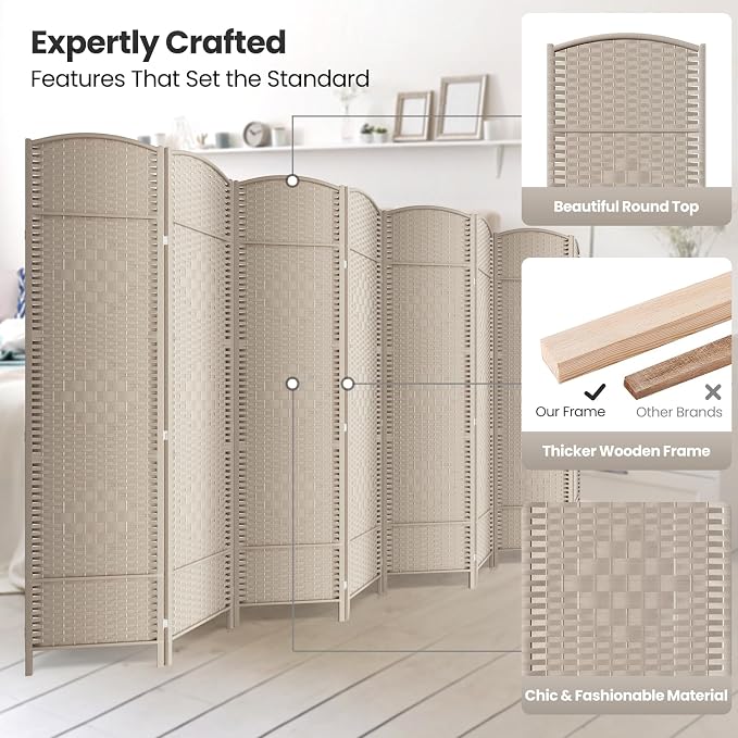 8 Panel Folding Room Divider, Woven Privacy Screen, handcrafted diamond pattern - Image 2