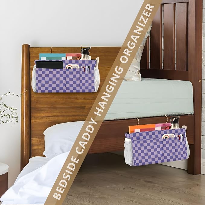 Purple Checkerboard Print Bedside Caddy Storage Bag Bedside Organizer - Image 7