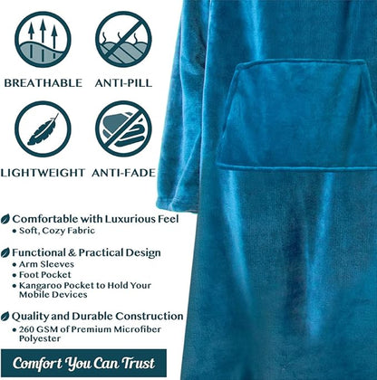 PAVILIA Fleece Blanket with Sleeves, Foot Pockets for Women Men Adults, Plush Wearable Blanket Throw Wrap, Warm Snuggle Blanket Robe, Cozy Gift Ideas Wife Mom Teal Blue