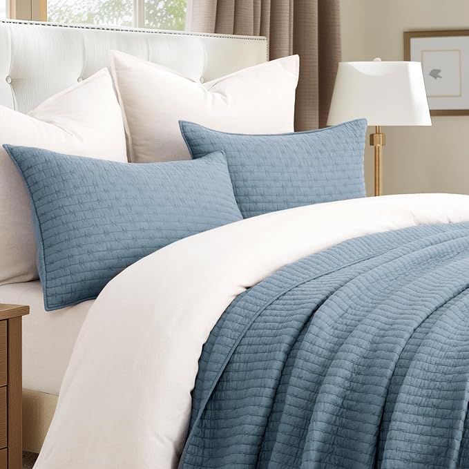 x Kinsey Walsh 100% Cotton Cross Stitch Quilt, Dusty Blue | 100% Cotton - Image 2