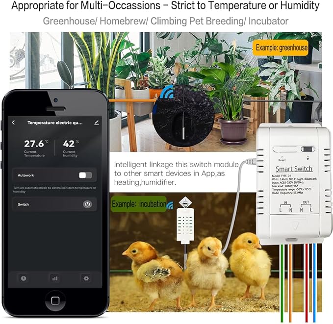 WiFi Temperature Controller Sensor Module Wireless Remote Control with Energy Consumption Monitoring, for Greenhouse, Homebrew, Climbing Pet Breeding, Incubator, Alexa Voice