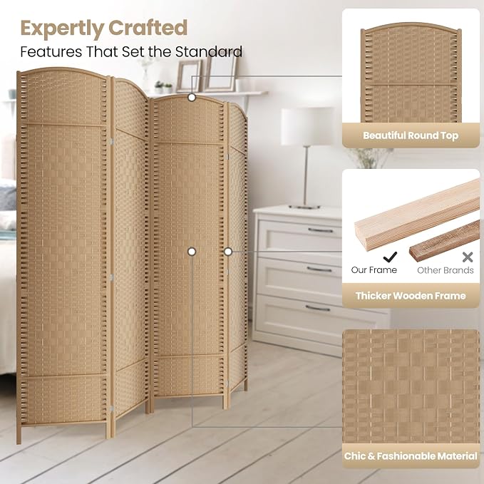 4 Panel Folding Room Divider, Woven Privacy Screen, Light Beige | Solid wood - Image 2