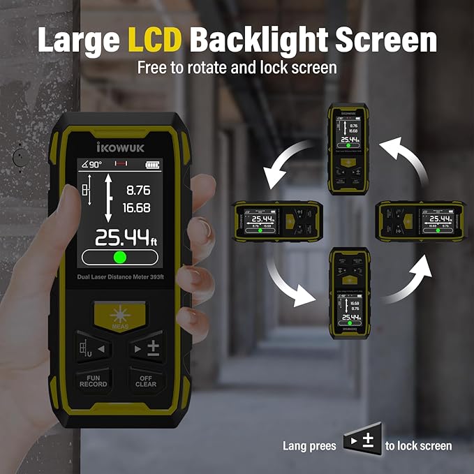 IKOVWUK Dual Laser Measuring Tool, 393FT/120M Bilateral Laser Distance Meter 6 Unit Switching, Rechargeable Digital Laser Measure with Backlit LCD Display, Angle Sensor, Multiple Measure Mode