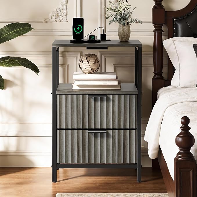 VINGLI Grey Night Stand with Charging Station and Fabric Drawers, Fluted - Image 9
