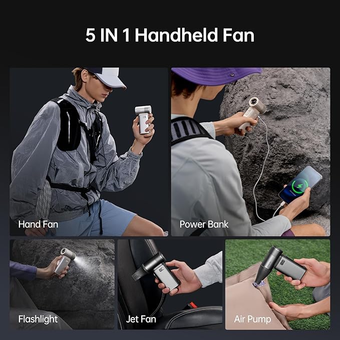 JISULIFE Portable Handheld Fan Ultra2, 9000mAh Max 25 Hrs, 5 IN 1, 100 Speed Turbo Fan Rechargeable 18W Power Bank with Flashlight, Metal Shell Multi-Function Travel Essentials Gifts for Men-Brown