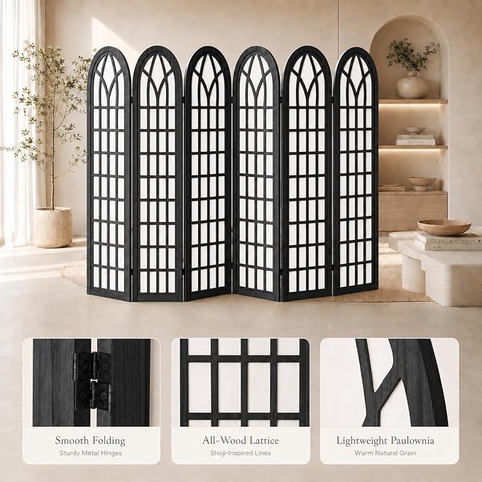 6 Panel Shoji Room Divider Folding Privacy Screen Black | Freestanding - Image 3