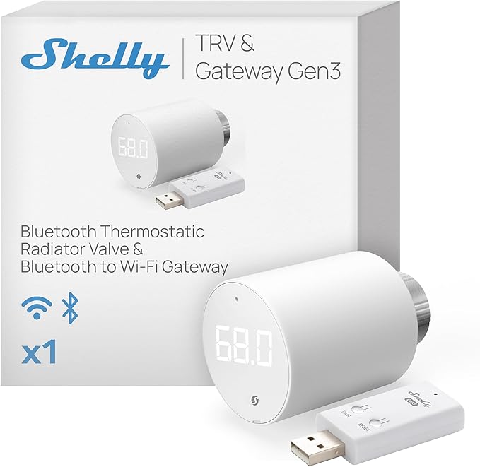 Shelly Blu TRV & Blu Gateway Gen3, Bluetooth-Operated Smart Thermostatic Valve, Smart Thermostatic Radiator Valve, Temperature Control, Home Automation, Compatible with Alexa, Google, Home Assistant