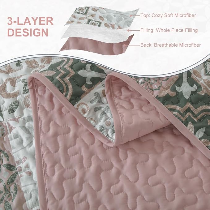 Quilt Set Queen Boho Plaid Patchwork Bedspreads Coverlet, Blush Pink | 3Pcs - Image 7