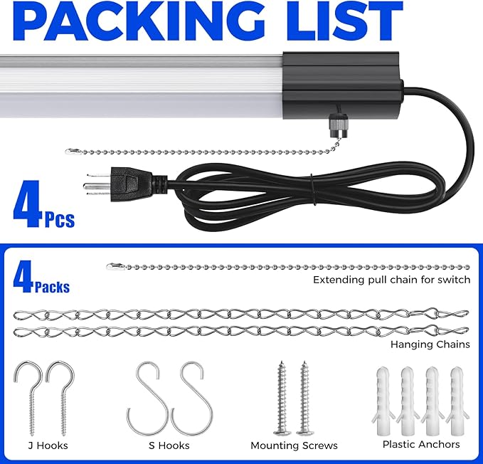 Barrina BS84 LED Shop Lights for Workshop 4FT, 84W, 10000LM, 6500K Linkable Light Fixture for Garage, Basement, Hanging or Flush Mount, 4 Packs