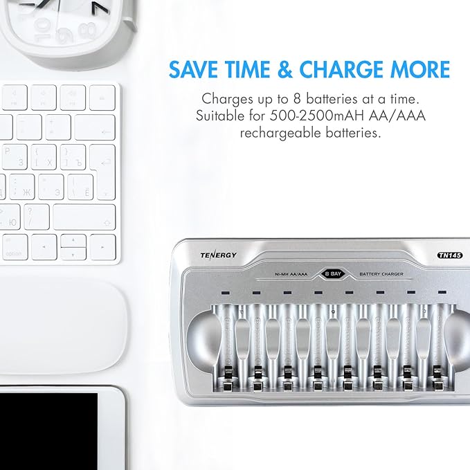 Tenergy TN145 8 Bay Charger and 8 Pack Rechargeable AAA Batteries, Independent Charging, UL & CE Certified