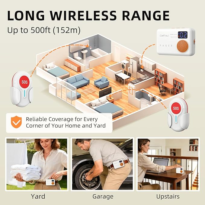 CallToU Caregiver Pager Wireless Call Button 500FT for Elderly Monitoring Vibration Call Bell Medical Alert System with Digital Display Low Power Reminder 2 Portable Receiver 2 SOS Call Button