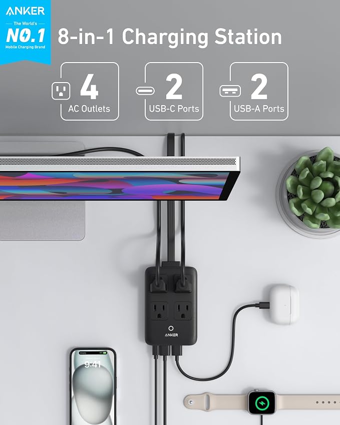 Anker Charging Station, 20W Max 8-in-1 USB-C Power Strip | 5 ft Thin Cord - Image 2