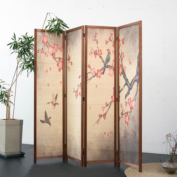 4 Panel Bamboo Room Divider for Room Separation, 5.6 ft Tall Double-Sided by Furnnylane