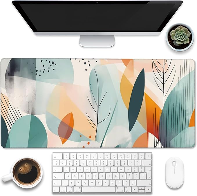 Eflxamz Desk Pad,Abstract Colorful Leaves Desk Mat,Abstract Line Art Large Gaming Mouse Pad for Desk,Extended Big Computer Keyboard Mouse Pad with Non-Slip Base and Stitched Edge,35.4"x15.7"