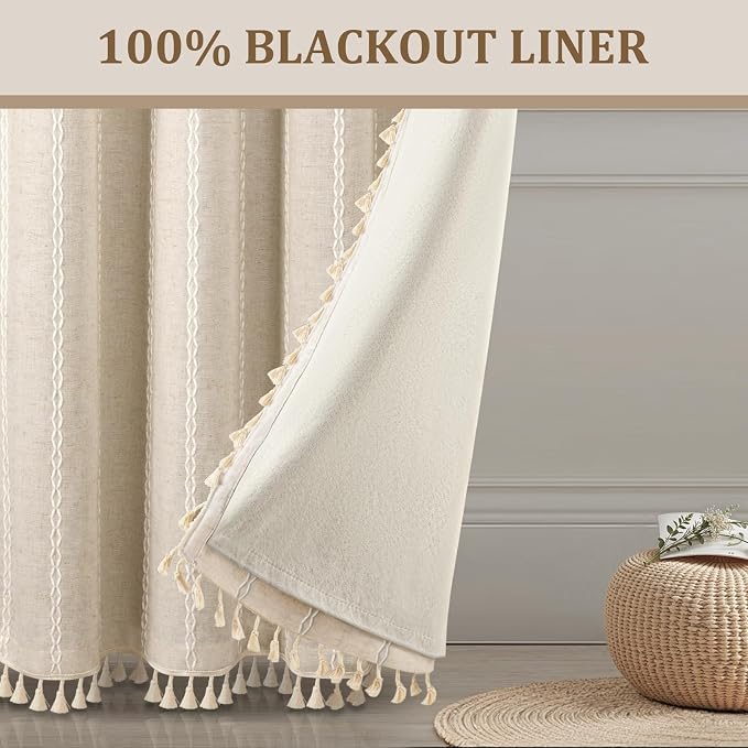 Boho 100% Blackout Curtains 84 Inch 2 Panels Linen Blend Beige | Vintage - Image 4