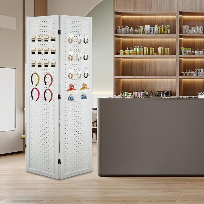 6 Panel Pegboard Room Divider | White Wood Folding Privacy Screen - Image 4