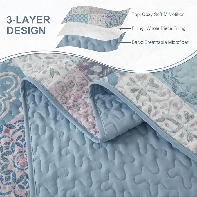 Dobuyly Quilt Set Queen Size, Light Blue/Pink Patchwork Bedspread 3 Pieces - Image 6