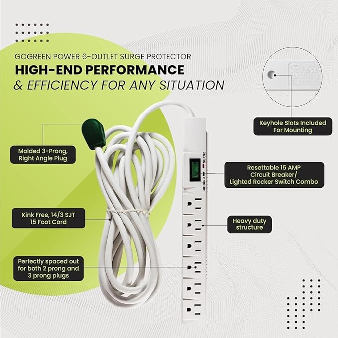 GoGreen Power Inc. (G-16315-15-2) 6 Outlet Surge Protector, 15FT Cord, White, 2 Pack