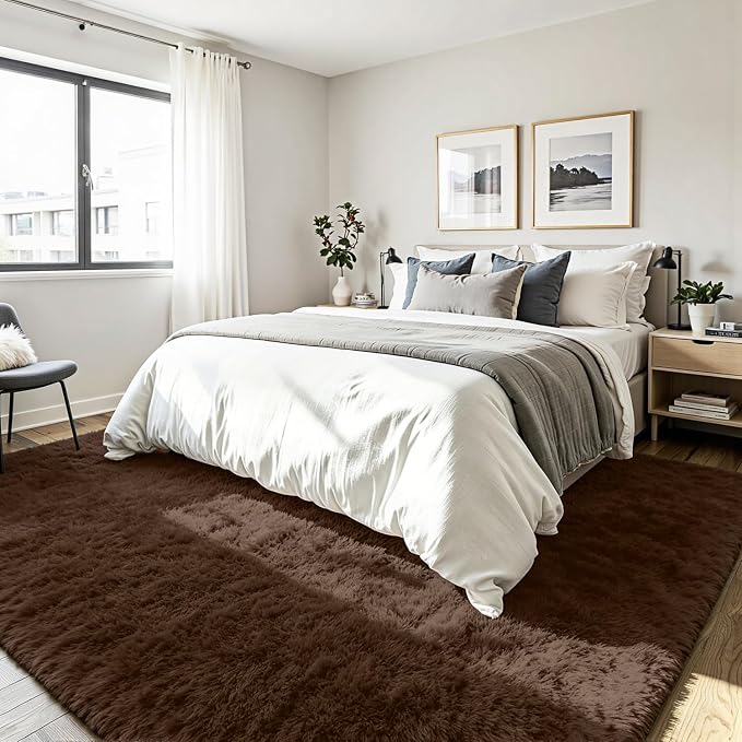 5x8 Fluffy Area Rug for Living Room: Soft Non-Slip Brown Bedroom Carpet | Ultra - Image 3