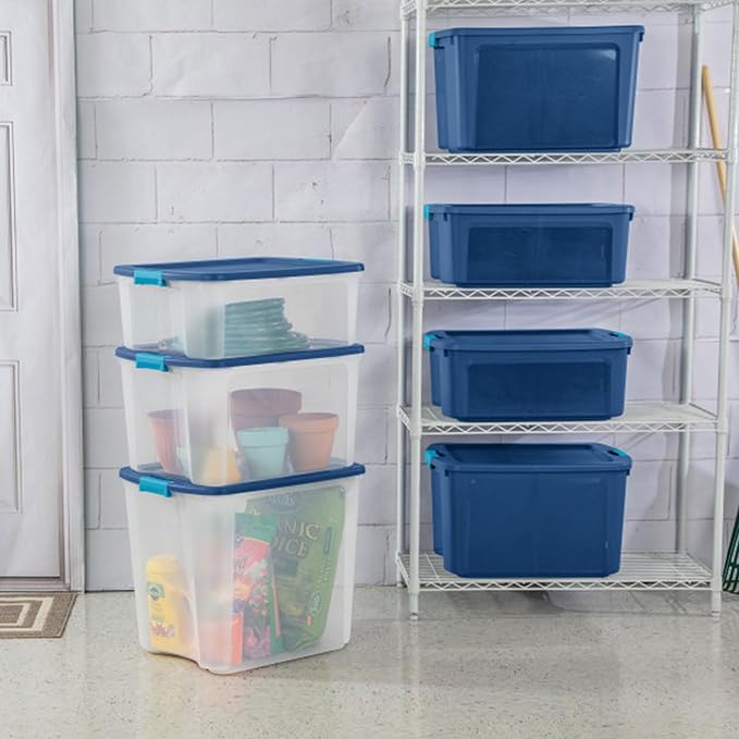 Sterilite 8-Pack Latch and Carry, Clear Plastic Storage Bins with Latching Lids and Full-Grip Handles, 27 Gallon