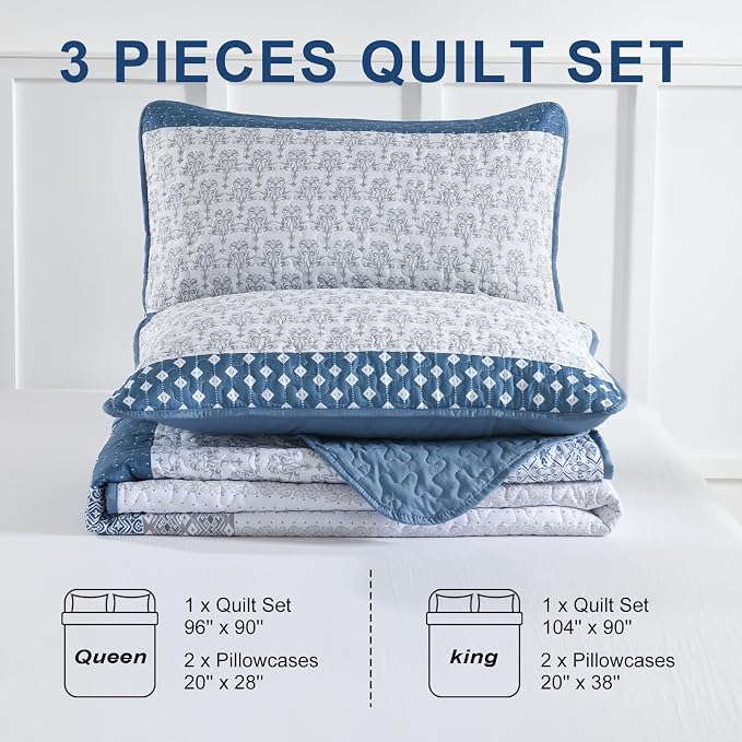 WONGS BEDDING Blue Queen Size Quilt Set, 3-Piece Boho Stripe Bedspread | - Image 8