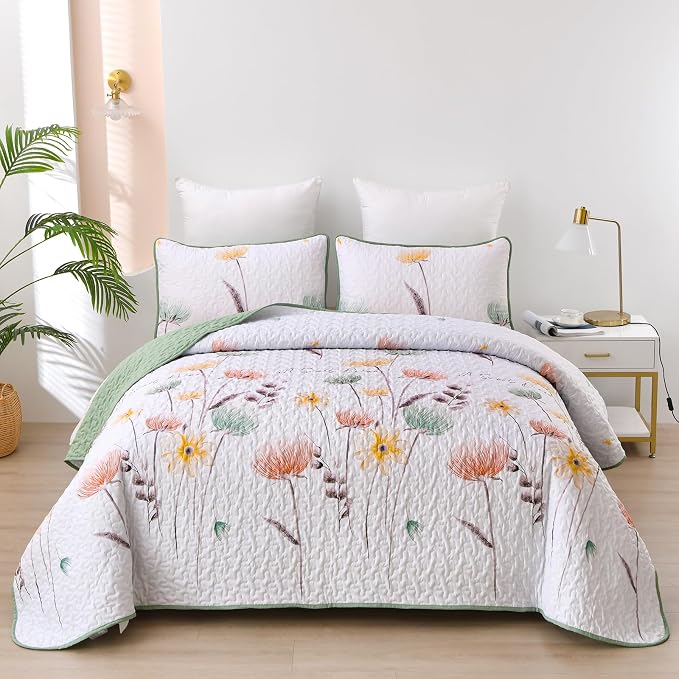Dinjoy King Size Quilt Set, Boho Floral Quilts Coverlet Set, 3 Pieces | Boho by DINJOY