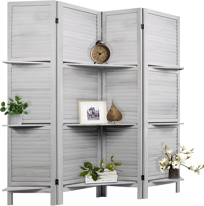 Room Divider with Shelves, 4 Panel Grey Privacy Screen | Partition Room by AMBITION+LAND