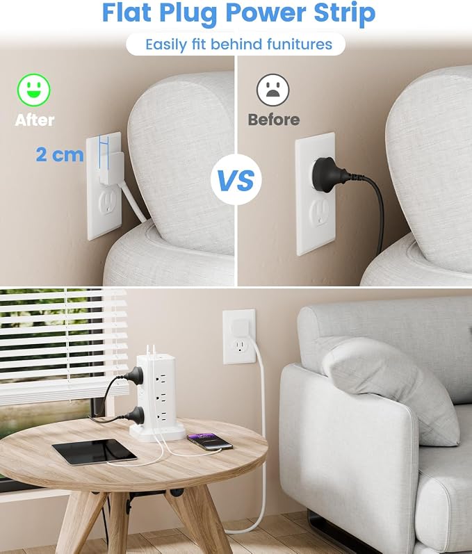 Power Strip Tower with Surge Protector 1800J, Fast Charging Tower PD20W USB-C - Image 4