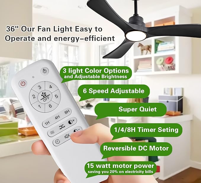Gaizw 36 Ceiling Fans with Lights,Small Ceiling Fan with Light and Remote Control Reversible 3CCT Dimmable, Noiseless Ventilation Fan,Wooden 3 Blade Ceiling Fan for Bedroom Indoor Outdoor(Black Fan)