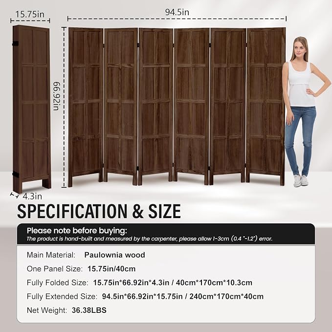 6 Panel Wood Room Divider and Folding Privacy Screen 67″, Freestanding Wall - Image 9