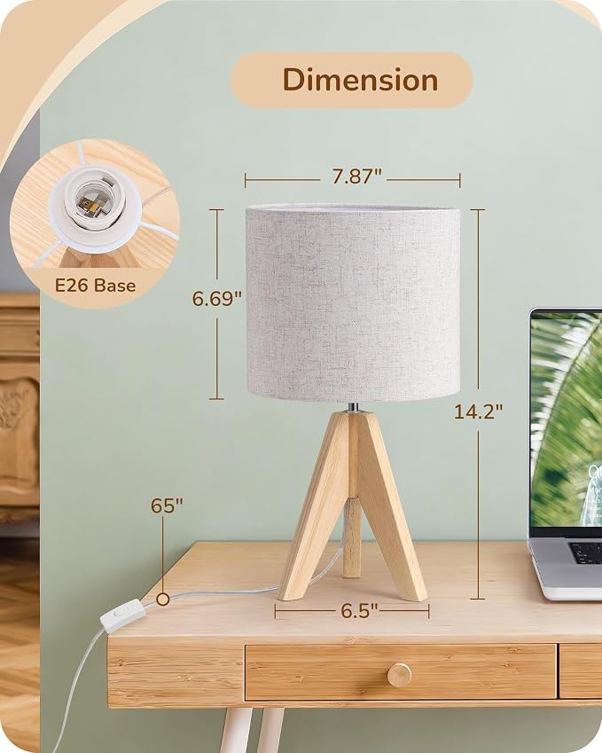 EDISHINE Small Table Lamp, Boho Bedside Lamp, Linen Fabric Shade, 14.2 Inch | - Image 5