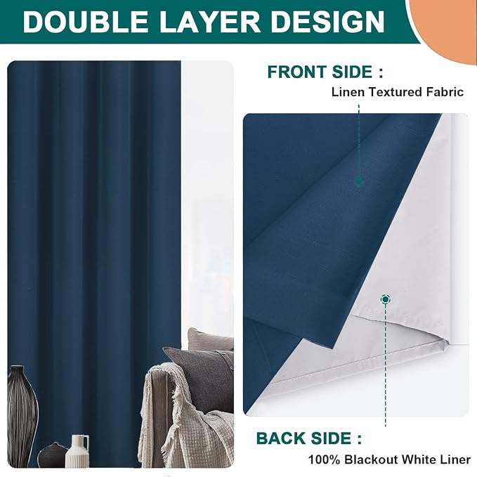 Diraysid 100% Blackout Curtains Navy Blue Linen Curtains - Image 6