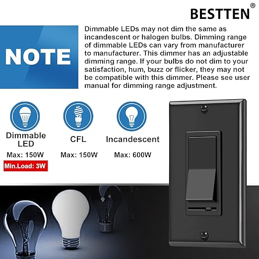 BESTTEN 10 Pack Dimmer Wall Light Switch, Compatible with Dimmable LED, CFL, Incandescent and Halogen Bulb, Single Pole or 3-Way Dimmer Switches, 120VAC, Decorator Wall Plate Included, Black