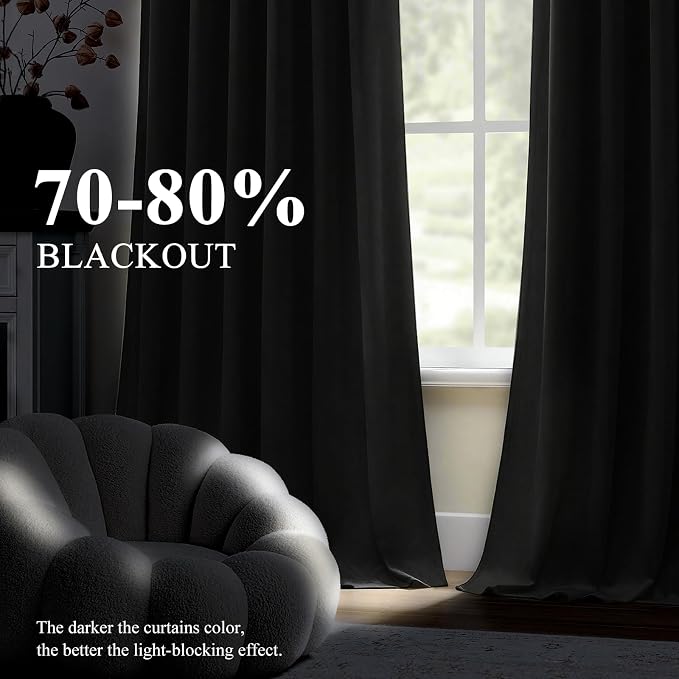 90 Inch Black Velvet Curtains for Bedroom Back Tab Drapes Blackout Luxury | - Image 2