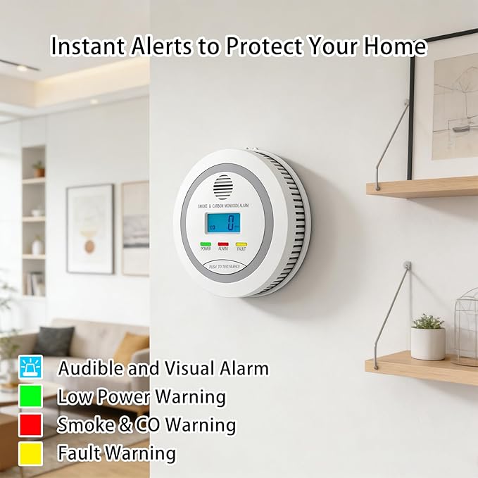 Virtue Sensor Smoke & Carbon Monoxide Detector, 2-in-1 CO Detector Alarm for Home Garage RV with LCD Display Safety Alarm System Audible and Visual Alert