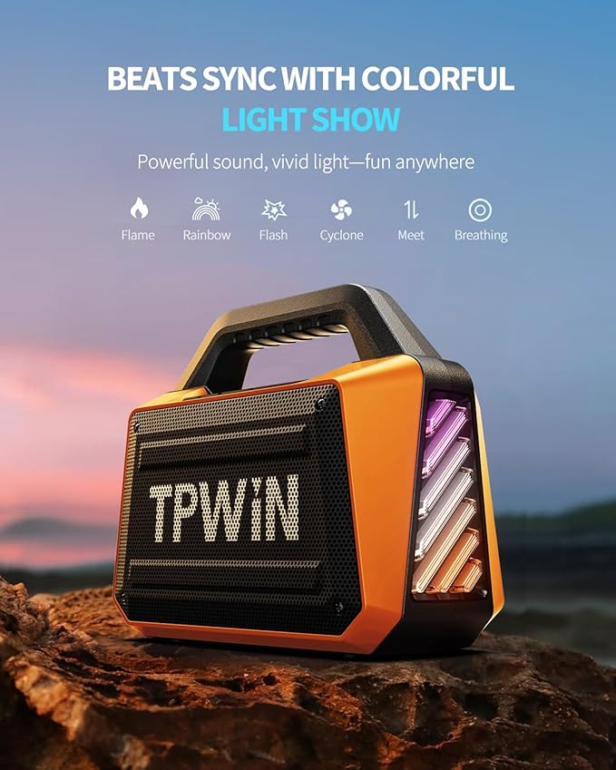 TPWIN Bluetooth Speaker - 80W Loud, Rugged Outdoor Speakers, IPX6 Waterproof, 20H Playtime, Deep Bass, Lightshow, TWS, BT 5.3 Wireless, Portable for Travel Hiking Camping Beach Pool - Orange