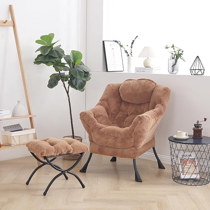 Lazy Chair with Ottoman, Comfy Accent Reading Chair, Plush Brown | Foldable - Image 4